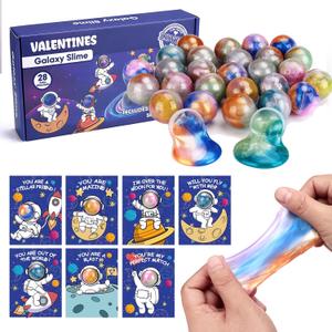 28 Pack Valentines Day Gifts for Kids Classroom, Galaxy Slime Valentines Day Cards for Kids School, Fun Classroom Valentines for Class Exchange Cards Party Favors for Boys Girls Students