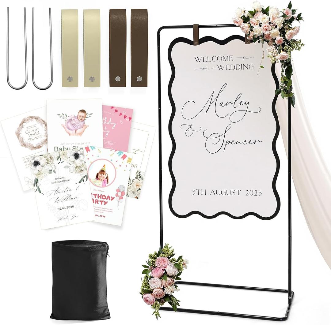 Wedding Welcome Sign Stand, Welcome to our Wedding Sign Holder, Black Easel Stand for Sign Poster With Design Bundle & Ground Stakes & Leather Sign Hanging Straps, Linen Sign Stand for Wedding Decor