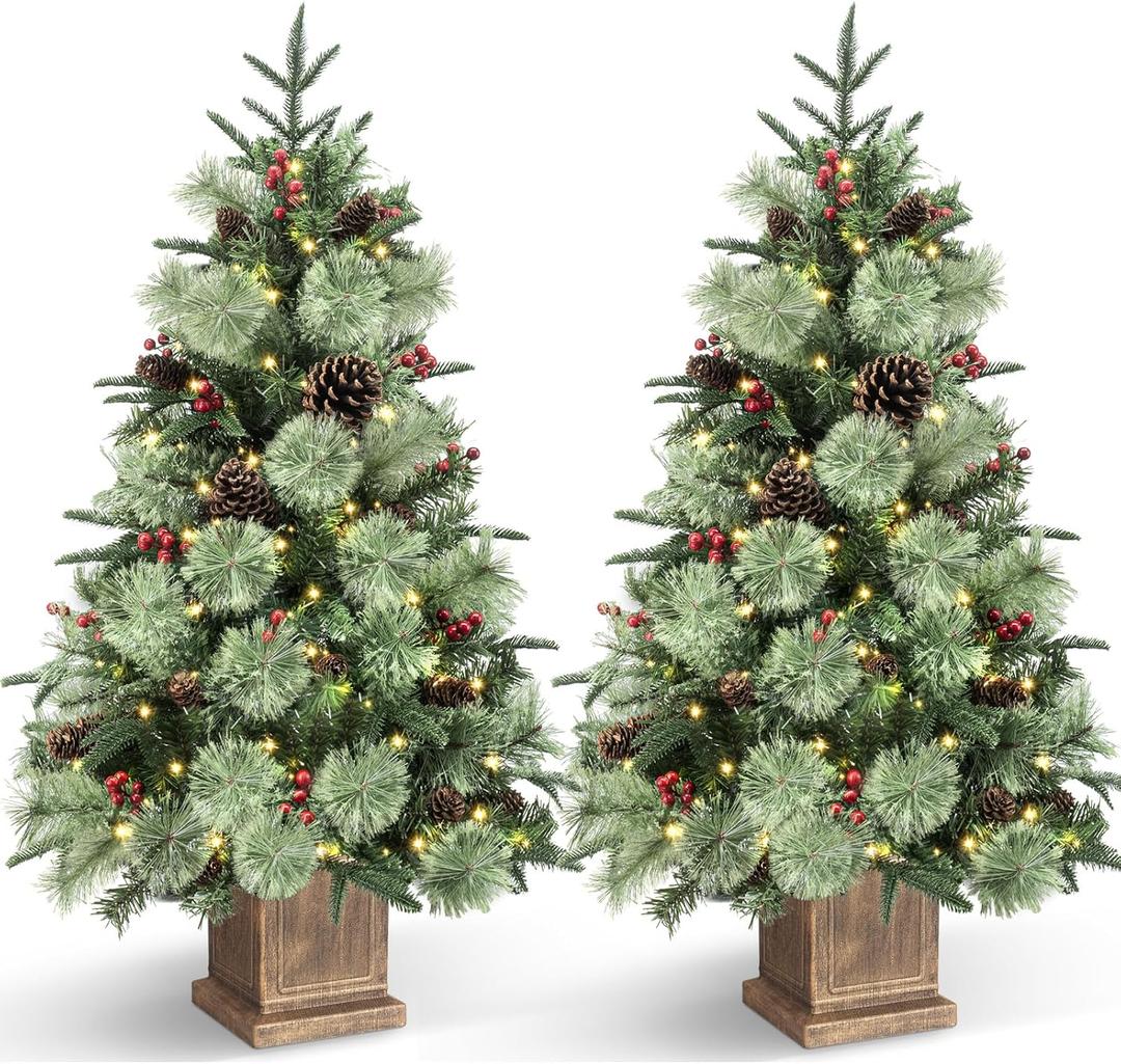 Jin&Bao 4FT Potted Christmas Tree with 100 Lights, 2 Pack Artificial Xmax Tree Timer Function with Long Pine Cones & Red Berries, 3AA Battery Operated Christmas Decorations for Outdoor, Porch