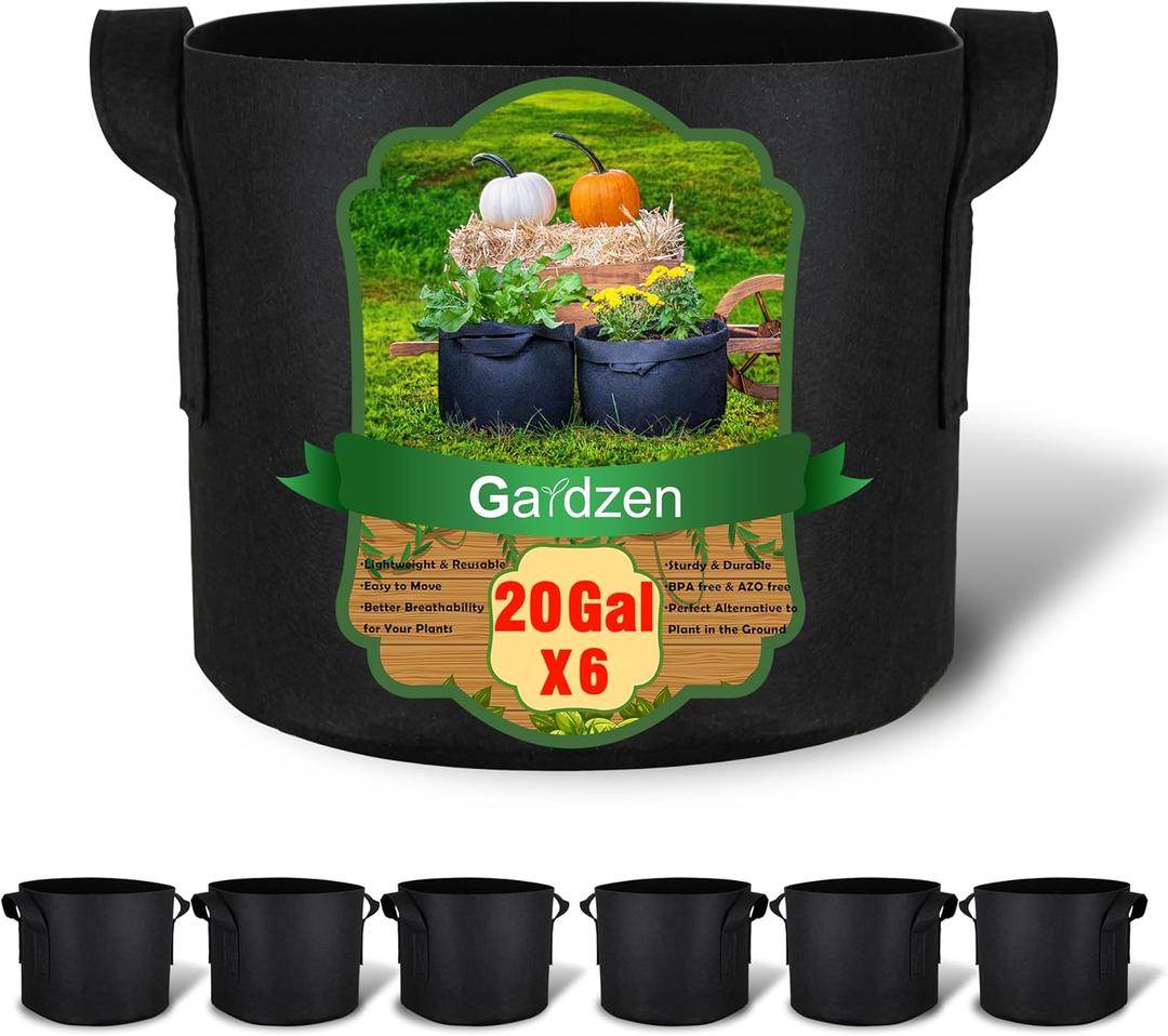 Gardzen 6-Pack 20 Gallon Grow Bags, Aeration Fabric Pots with Handles, Heavy Duty Cloth Pots for Plants