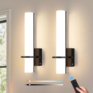 AIJIASI Black Battery Operated Wall Sconces Set of 2, 10000mAh Rechargeable Wireless Wall Sconce with Remote Control, 3000K-6000K Dimmable LED Wall Lights for Living Room Bedroom Hallway 15 Inch