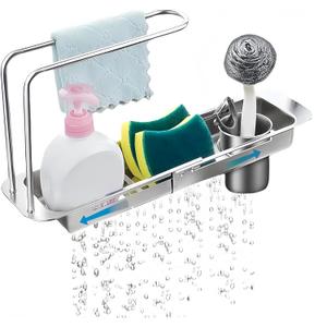 BRIUNN Stainless Steel Telescopic Over Sink Organizer Rack for Kitchen Expandable Over The Sink Shelf, Adjustable Sponge Holder Organizer, Kitchen Sink Organizers Inside Sink for Sponge Rack