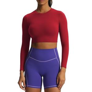 Aoxjox Long Sleeve Crop Tops for Women Classic Longline Workout Cropped T Shirt Top Length (Rumba Red, Medium)