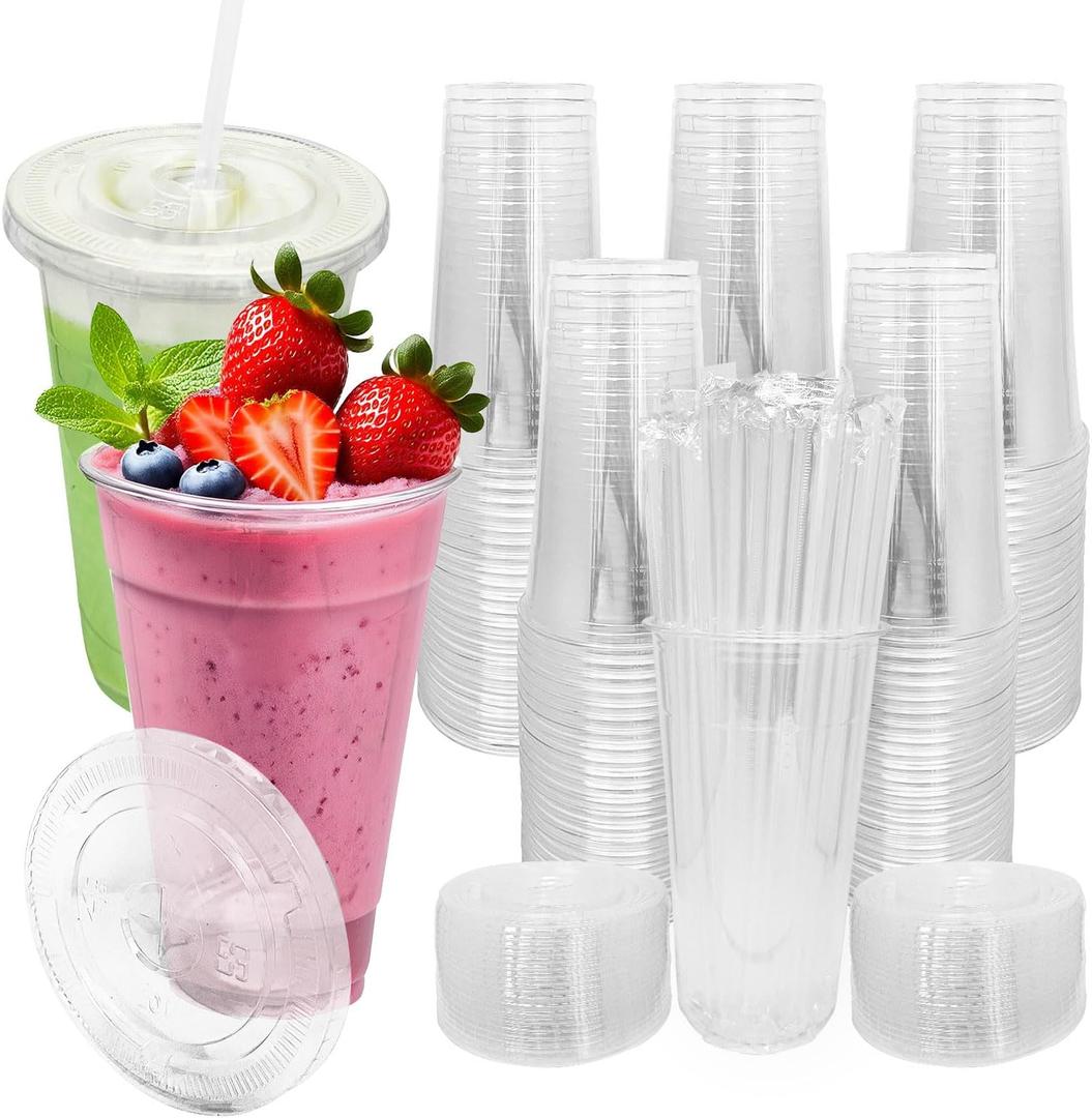 [100 SETS] 32 oz Cups with lids, Plastic cups with Lids and Straws, Iced Coffee Cup, Suitable for Takeout Iced Coffee Cold Drinks, Smoothies, Juices, Parfaits, Frappuccinos, and Milkshakes