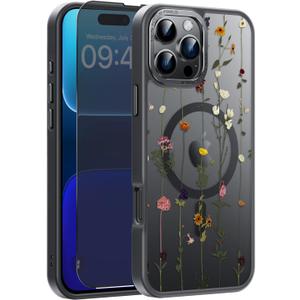 FUNMIKO for iPhone 16 Pro Max Case with Privacy Screen Protector, Wireless Charging Compatible, Shockproof Translucent Matte Cover - Cute Floral Design Phone Case for Women Girls - Elegant Tiny Flower