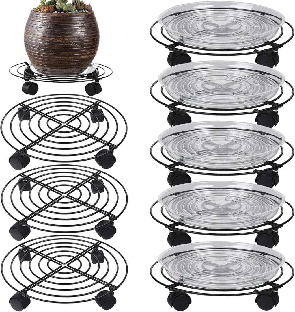 8 Packs Large Metal Plant Caddy 13.8 Plant Dolly with Wheels Heavy-Duty Wrought Iron Rolling Plant Stand with Casters Indoor and Outdoor Plant Pot Mover Rollers Black, Plant Saucers