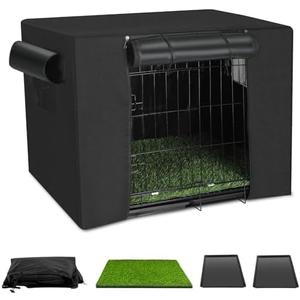 Dog Crates Kit with Artificial Grass and Dog Crates Cover, 27 Inch Double Door Collapsible Metal House for Dogs and Cats, Dog Cage with Leak-Proof Pan Tray, Travel, Indoor and Outdoor Dog Kennel