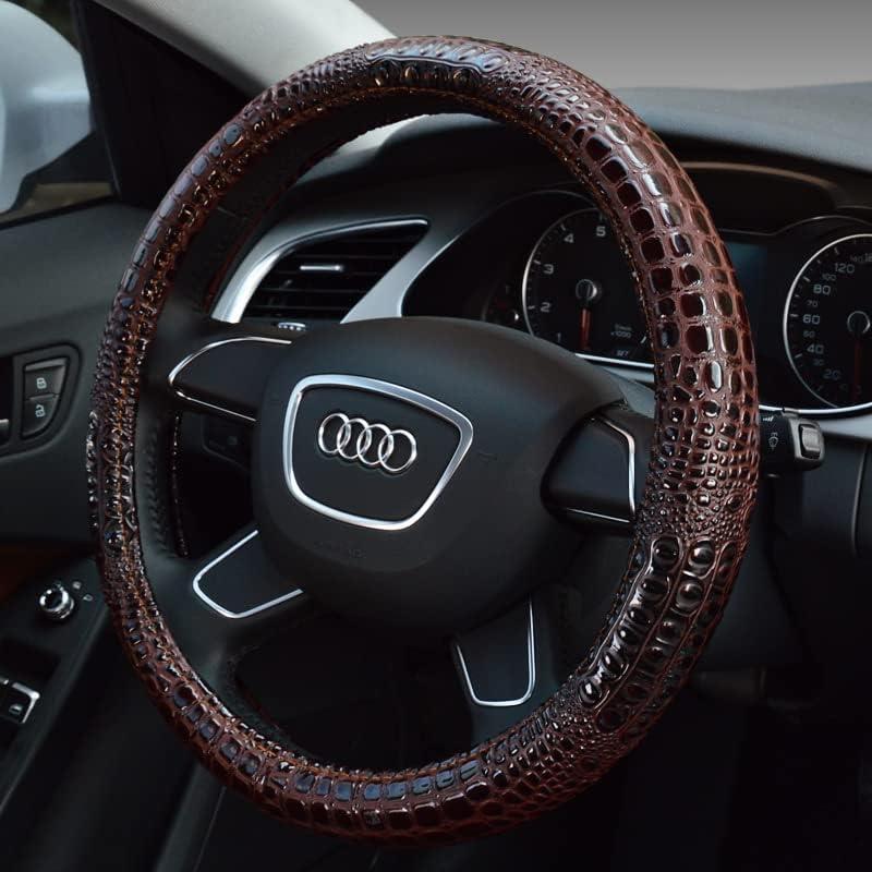Crocodile Pattern Leather Steering Wheel Cover Four Season Breathable Anti-Slip Steering Wheel Protector 15 Inch Universal Fit (Burgundy)