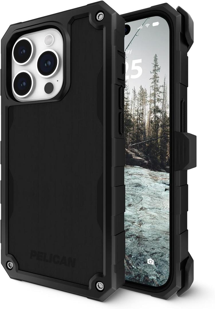 Pelican Shield iPhone 15 Pro Max Case - Compatible with MagSafe - 21FT Military-Grade Drop Protection - Rugged iPhone 15 Pro Max Phone Case with Belt Clip Holster - Brushed Aluminum