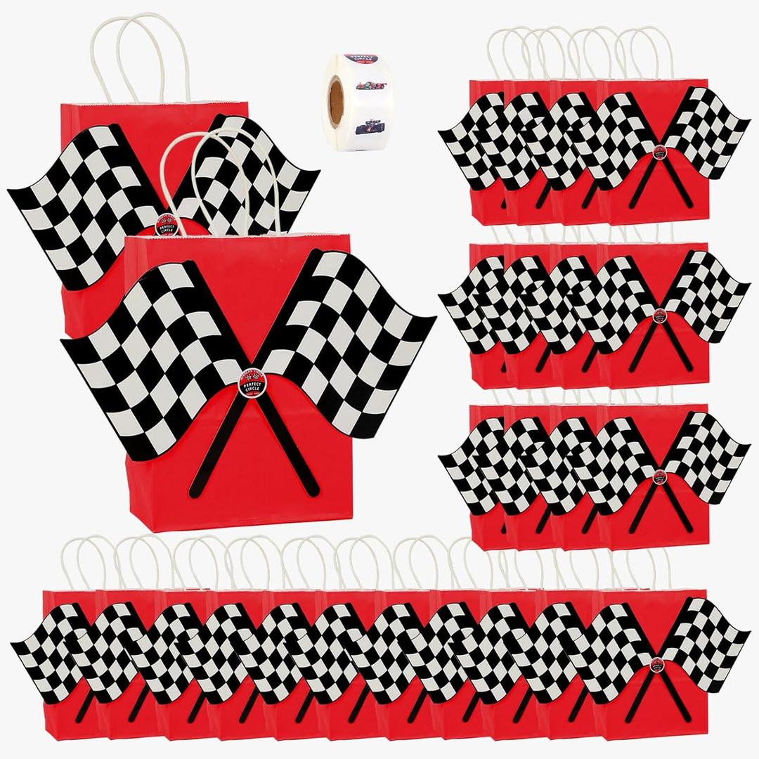 2 x Kuabiz 25 Set Race Car Gift Bags Race Car Party Favors Bag with Handles Checkered Racing Flag Stickers Racing Treat Goodie Candy Bags for Birthday Party Supplies