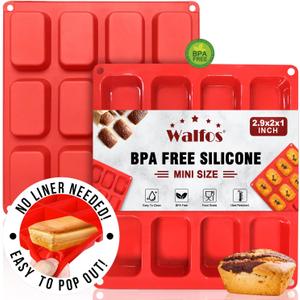 Walfos Silicone Mini Loaf Pan, 12 Cavities Mini Bread Pan Brownie Pan, Food Grade & Non-Stick, Ideal For Mini Bread, Brownie, Cornbread, Cheesecake & Chocolate, Set of 2