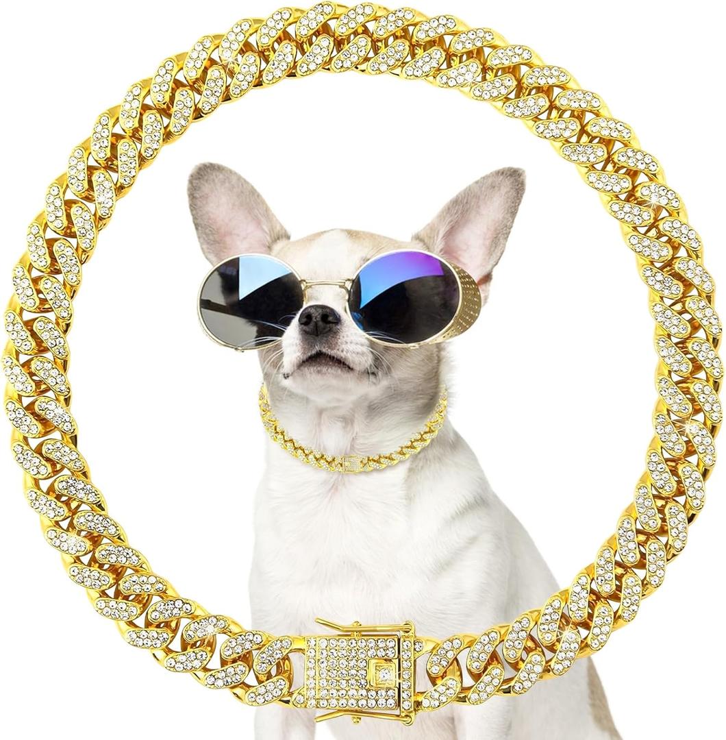 Dog Chain Collar - Cuban Link Diamond Gold Chain for Dogs, Sparkly Metal Pet Necklace for Small Medium Dogs & Cats with Secure Buckle (10 inch)