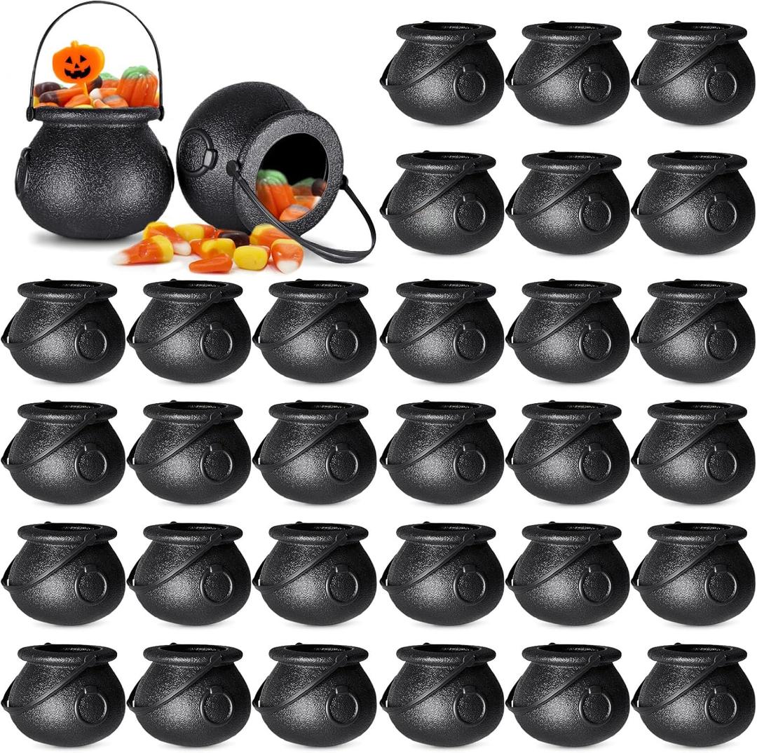 30 Pack Halloween Plastic Candy Cauldrons,Mini Black Witch Candy Buckets with Handles for Party Favors,Holiday Decor,Trick or Treat