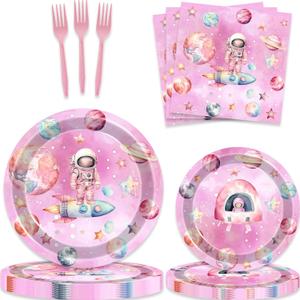 80 Pcs Outer Space Girls Birthday Decorations Astronauts Paper Dinner Plates Napkins Forks Dinnerware for Space Theme Girls Baby Shower 1st 2nd 3rd 4th Bday Party Decorations