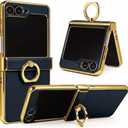 Genuine Leather Case for Samsung Galaxy Z Flip, Military-Grade Drop Protection, Hinge Protection Cover with Ring Kickstand, Gold Trim (Navy, Z Flip6)