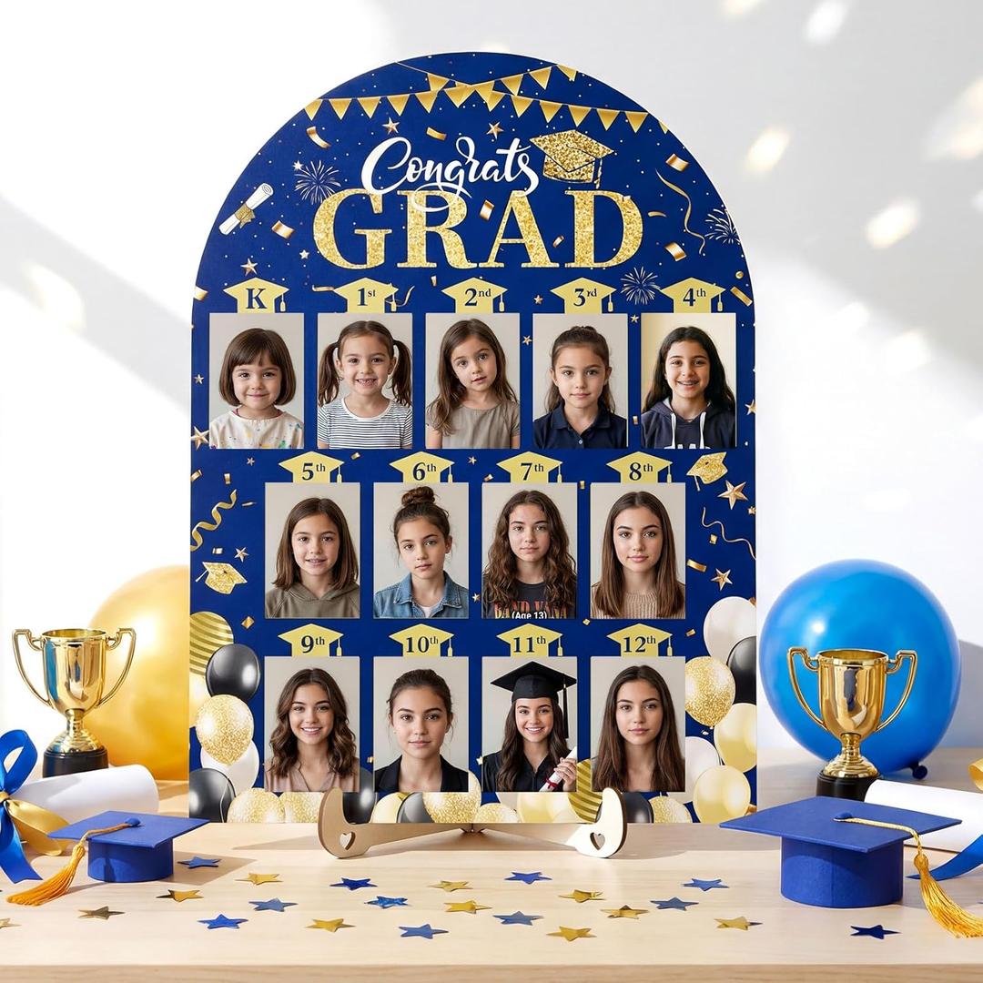 Leinuosen 2026 Graduation Photo Display Kindergarten to 12th Grade Photo Display 12 x 17 Inch School Years Wood Picture Board for Senior High School Graduation Decoration, 2 x 3 Pictures(Blue Gold)