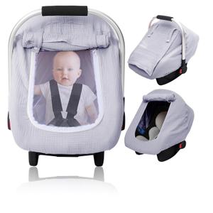 3-Layer Muslin Car Seat Cover with Mesh Screen Window | Privacy Infant Car Seat Cover & Baby Stroller Weather Shield (Grey)
