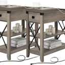Narrow End Table with Charging Station - Farmhouse Slim Side Table Set of 2, w/USB Ports Power Outlets, Nightstand w/Flip Top Storage Drawer, for Small Spaces Living Room Bedroom, Gray (Grey)