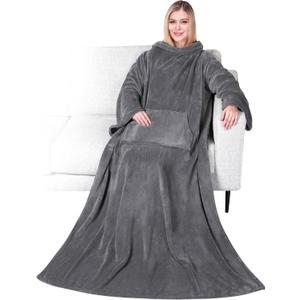 PAVILIA Blanket with Sleeves for Adult Women Men, Soft Warm Wearable Blanket Fleece Wrap Throw, Robe Blanket Gift (Charcoal)
