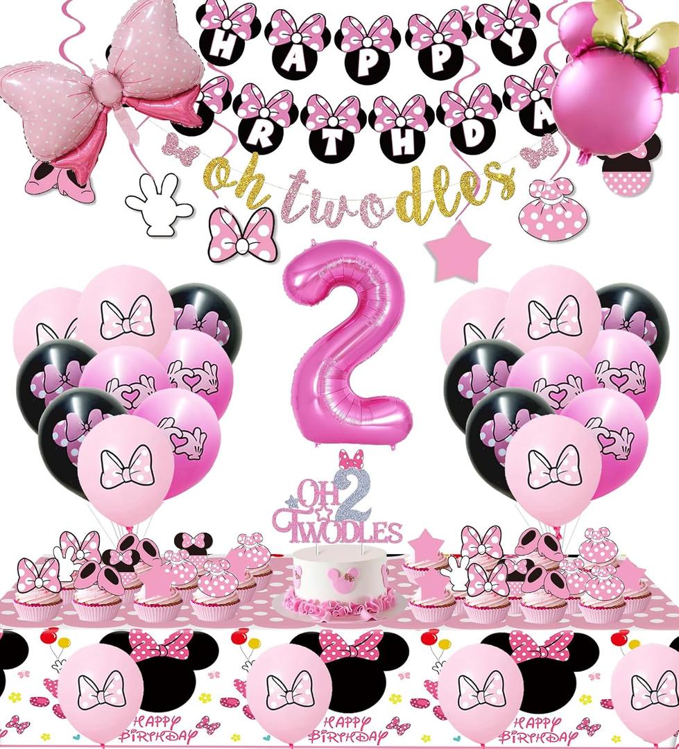 Pink 2nd Birthday Party Supplies, Oh Twodles Girl Second Party Decorations Includes Happy Birthday Banner, Hanging Swirls, Tablecloth, Cake Cupcake Toppers, Bow Foil Balloon, Latex Balloons
