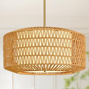 23 inch Natural 5 Light Rattan Light Fixture Woven Pendant Lights Rattan Farmhouse Chandeliers Fabric Shade Boho Chandelier for Dinning Room Kitchen