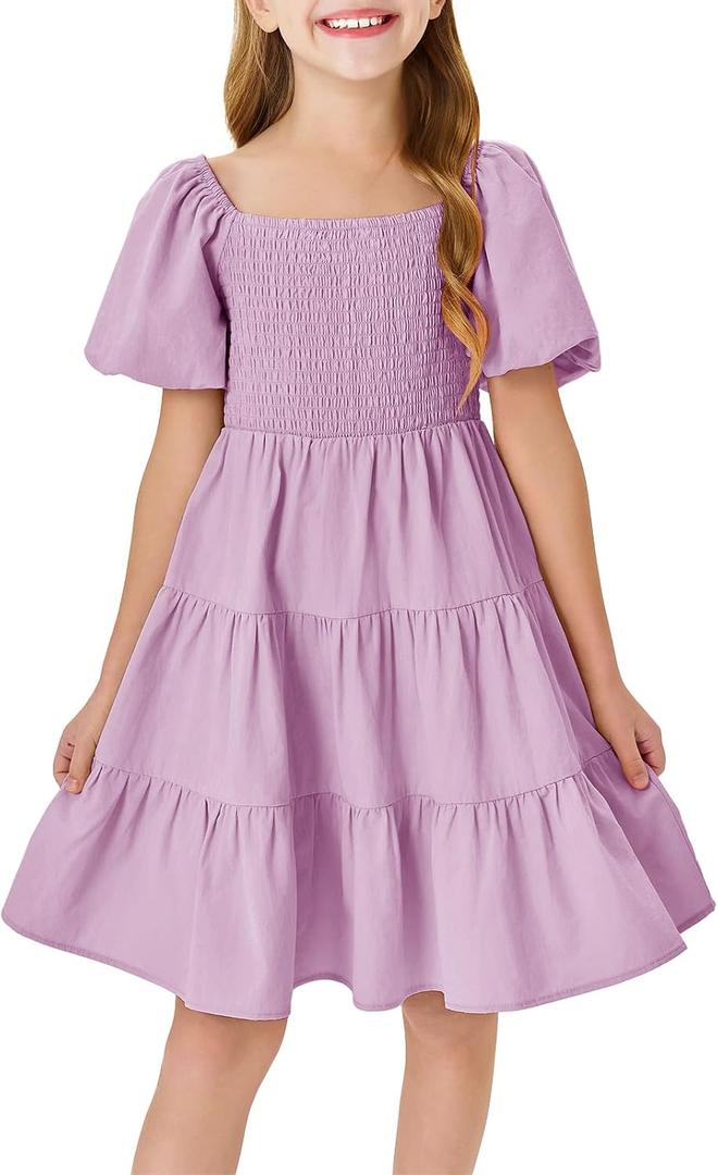 Batermoon Girls Boho Square Neck Puff Sleeve Off Shoulder Smocked Tiered Casual A Line Short Mini Dress Purple, Size 150