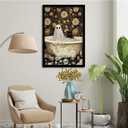 Halloween Canvas Wall Art Spooky Vintage Bathtub Scene with Black Cat Ghost Paper Cut Floral Wallpaper Poster Print for Living Room Bedroom Office Decoration (8x12in Black Framed, A01)