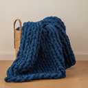 WESHIONGOO Chunky Knit Blanket Throw 40"*40" Knitted Throw Blankets for Couch Bed Fluffy Soft Blanket with Jumbo Chenille Yarn Thick 100% Handmade(Navy Blue), 40"x40"