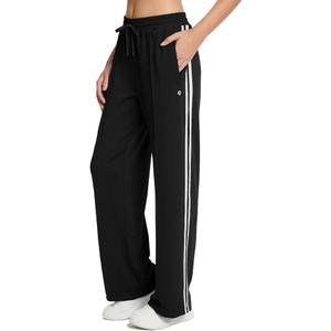 Baleaf Womens Track Pants Athletic Running Pants Sweatpants Straight Leg Zipper Pockets Sports Jogging Striped Loose Fit Black/ White L