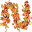 Palonu 6Ft Thanksgiving Artificial Fall Maple Leaves Garland, Hanging Fake Autumn Pumpkin with Berries Vine Decoration for Thanksgiving Halloween Fireplace Doorway Indoor Outdoor Party Home Decor (Orange)