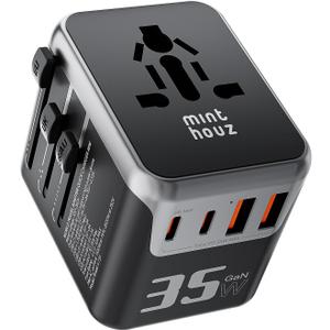 Minthouz Universal Travel Adapter, International 35W Power Adapter GaN PD Fast Charger with 2 USBC PD & 2 USBA Ports, AllinOne Portable AC Worldwide Power Converter Plug for USA EU UK AUS and More