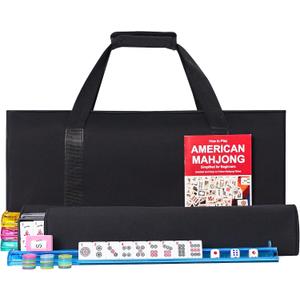American Mahjong Game Set, 166 Premium White Tiles, 4 All-in-One Color Rack/Pushers, Classic Complete Mahjong Tile Set with Black Carrying Bag