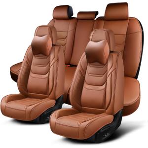 Car Seat Covers Full Set, Breathable Leather Automotive Front and Rear Seat Covers & Headrest for Reduce The Driving Fatigue, Compatible with Most Vehicles, Cars (Brown, Front Pair and Rear)
