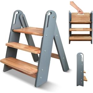 Step Stool for Toddler, 3-Step Kids Step Stool for Bathroom Sink, Foldable Toilet Potty Training Stool with Handles, Child Kitchen Counter Stool Helper Wooden Ladder for Toddlers Step Stool for Toddler, 3-Step Kids Step Stool for Bathroom Sink, Foldable Toilet Potty Training Stool with Handles, Child Kitchen Counter Stool Helper Wooden Ladder for Toddlers