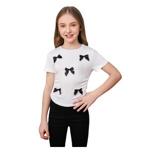 SweatyRocks Girl's Cherry Print Ruched T Shirt Short Sleeve Cute Tee Crop Tops White Bow 9 Years