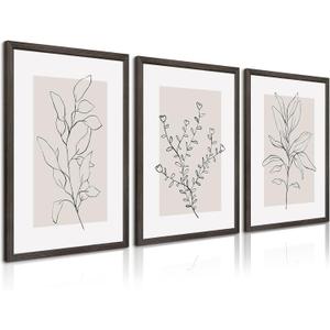 Neutral Botanical Prints Wall Art Decor Plant Minimalist Canvas Pictures Vintage Beige Wall Art Modern Farmhouse Line Poster Boho Abstract Painting Artwork for Bedroom 12x16 Inch Wood Framed Set of 3