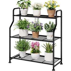 Kitsure Plant Stand Indoor & Outdoor - 3-Tier Metal Plant Shelf with Adjustable Leveling Feet, Easy to Assemble Planter Stand for Patio, Balcony, or Garden (Black, 27" x 11.4" x 29.3")