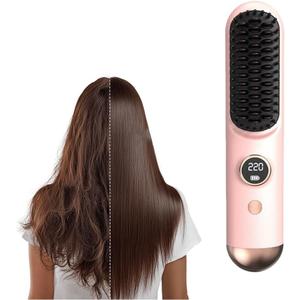 Go Brush, 2026 New Multifunctional Hair Straightener Brush with LCD Display 3 Temperature Settings, Portable Cordless Design for Travel and Daily Use, Fast Heating Styling Tool for Women (Pink)