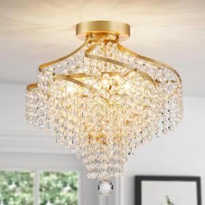 WUZUPS Crystal Chandelier Semi Flushmount Ceiling Light Modern Lighting Fixture for Bedroom Hallway Bar Kitchen Bathroom, H 14.7" x W 14.7", Gold, G9 Base
