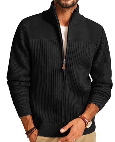 PJ PAUL JONES Cardigan for Men Full Zip Knitted Long Sleeve Sweaters Ribbed Textured Stand Collar Knitted Cardigan Black L