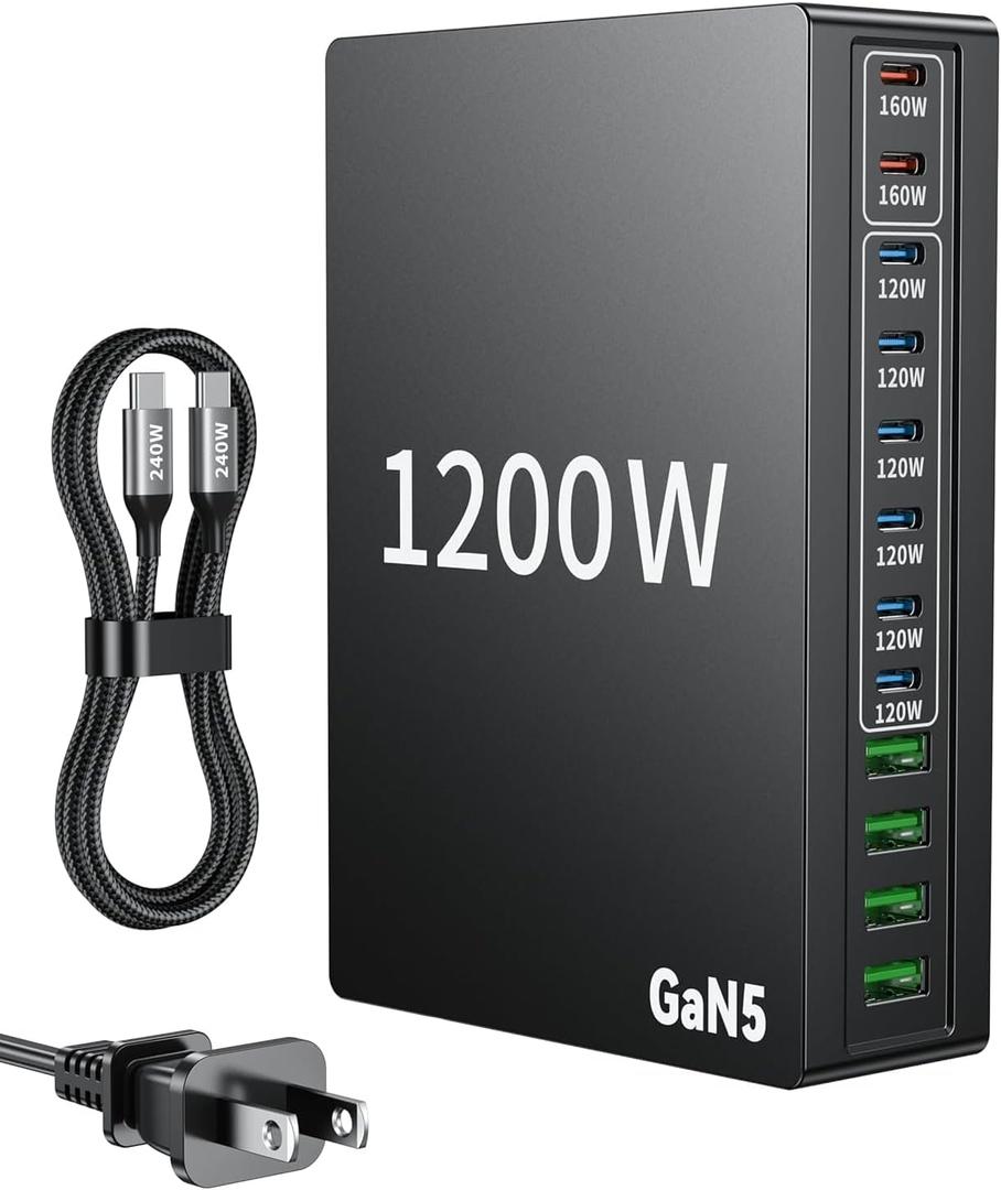 1200W USB C Charger Block.Fast MacBook Pro Charger Charging Station 12 Port 140W PD PPS AVS HUB for All iPhone 17 Pro Max/17 Air/16 SE/Samsung Galaxy 25/ MacBook Pro/Air/iPad Pro/240W Cable