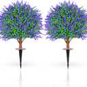 Set of 2 Artificial Lavender Boxwood Topiary Ball Trees with Ground Spike, 26 Inches UV Resistant Fake Evergreen Plant Bushes Shrubs, for Indoor Outdoor Front Porch Garden (Lavander)