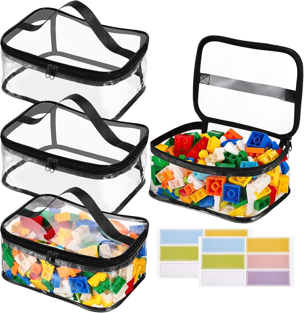 4 Packs Clear Toy Storage Bags, PVC Waterproof Toy Organizer with Zip Reusable Bags for Building Blocks, Board Game, Puzzles, Kids Books, Stationery