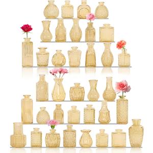 36Pcs Bud Vases Set Small Vintage Glass Bottles Bud Vases in Bulk Multiple Shape Cute Glass Vases for Rustic Wedding Centerpieces Table Decorations and Home Decor (Champagne)