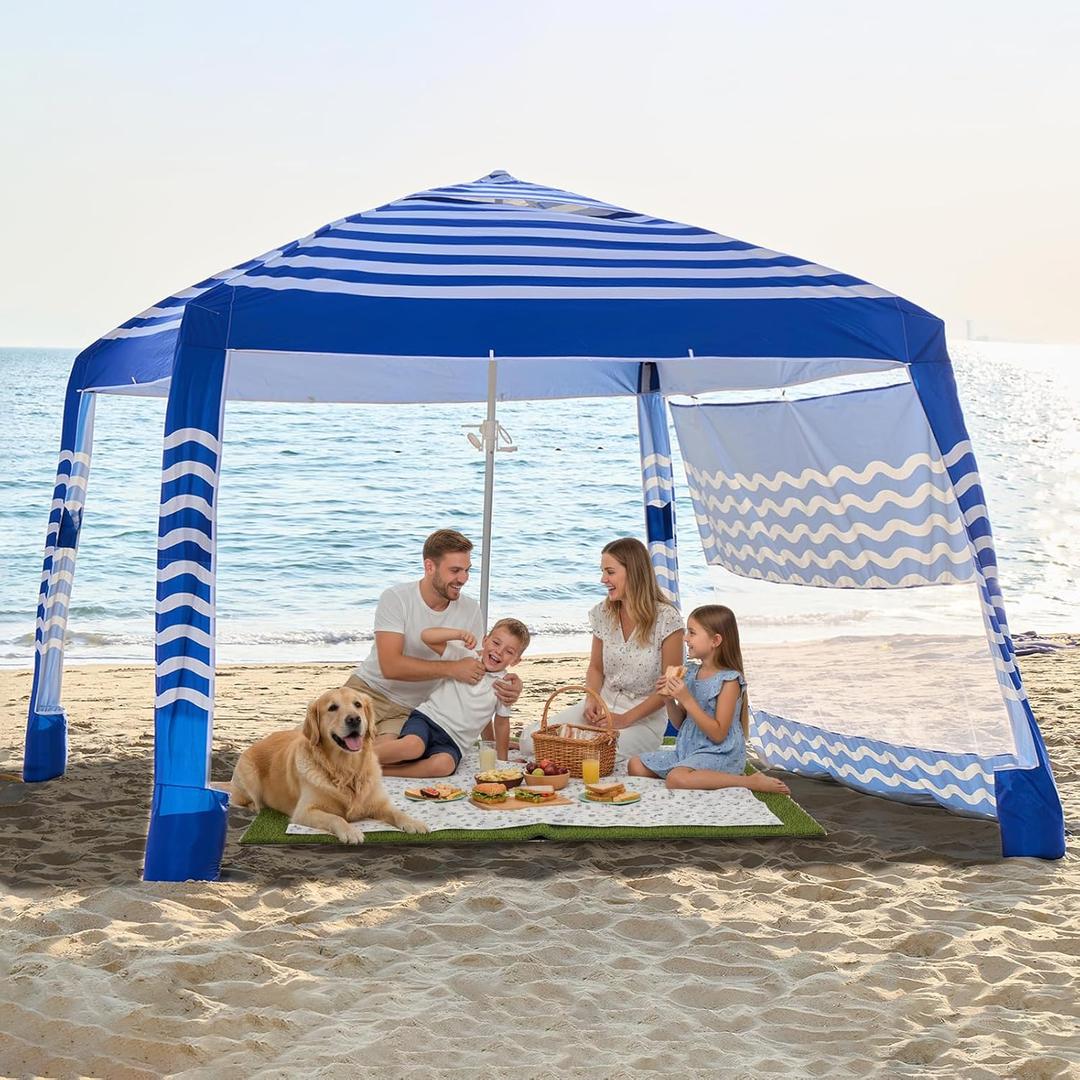 Zeraty Beach Cabana 8'8', Portable Beach Canopy Easy Pop Up, Beach Tent Sun Shelter with Side Wall, Beach Umbrella Tent with SilverCoated Fabric for Family, Wind Resistant