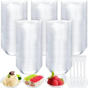 600 Pcs Mini Dessert Plates with Tasting Spoons 300 Mini Appetizer Plates Clear Plastic Dessert Containers for Appetizer Small Sample Tasting Cups 300 Disposable Plastic Spoons for Wedding