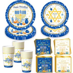 96 Pcs Hanukkah Party Tableware Set Includes Plates and Napkins Cups Perfect for Hanukkah Celebrations Disposable Party Tableware Set Party Decorations Serves 24 Guests