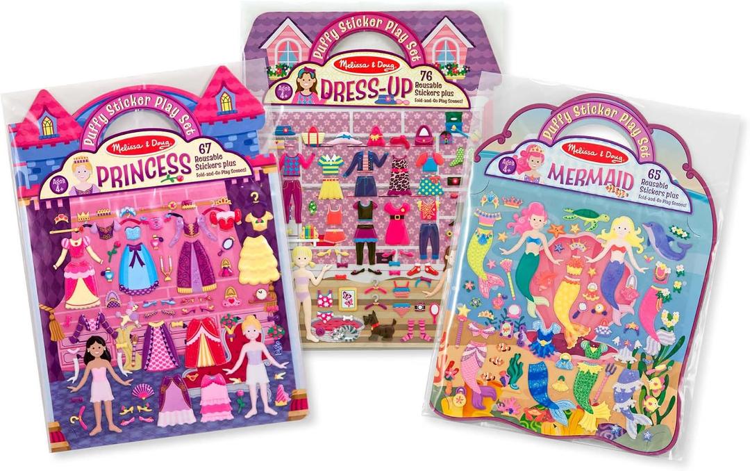Melissa & Doug Puffy Sticker Activity Books Set of 3 Dress-Up, Princess & Mermaid, with 208 Reusable Stickers and Fold-Out Scenes, Mess-Free Travel Toys for Kids Ages 4+ - FSC Certified