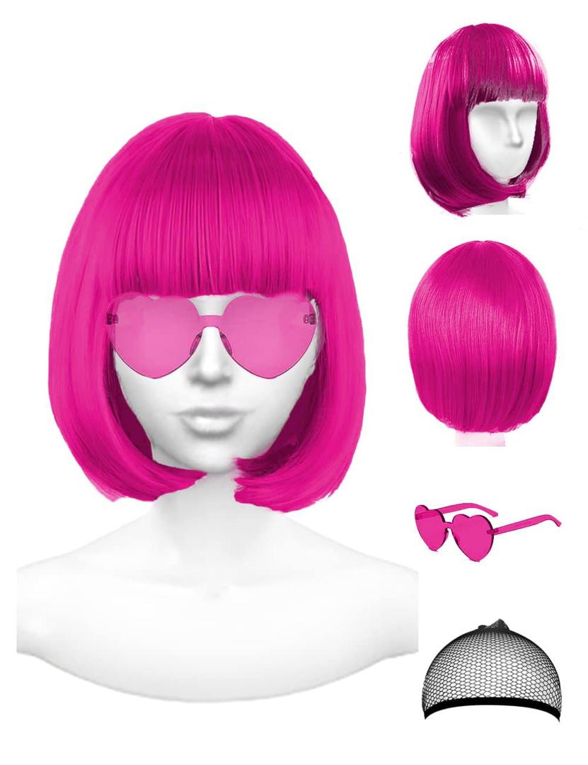 Purple Wig and Party Sunglasses, 12 Inch Dark Purple Bob Wigs for Women, Neon Glasses Short Wigs for Women - Bachelorette Party Wigs Decorations Favors (
Purplish Red
)