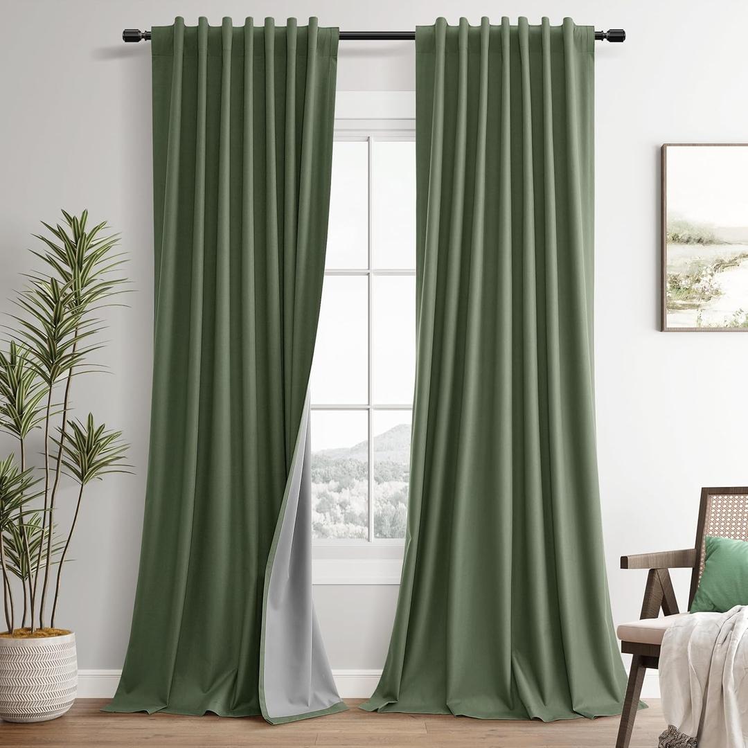 Olive Green Linen 100% Blackout Curtains for Bedroom 120 Inches Long Back Tab Hook Belt Room Darkening Thermal Insulated Black Out Curtain for Living Room Sliding Door 2 Panels Set, 52x120, 10Ft